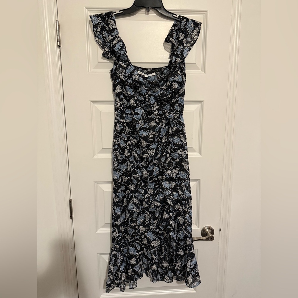 Veronica Beard Amal 100% Silk Navy & White Floral Ruffle Maxi Dress Size 2